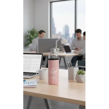 Lüks Şeffaf Kılıflı Cam Matara 1000ml – Açık Pembe