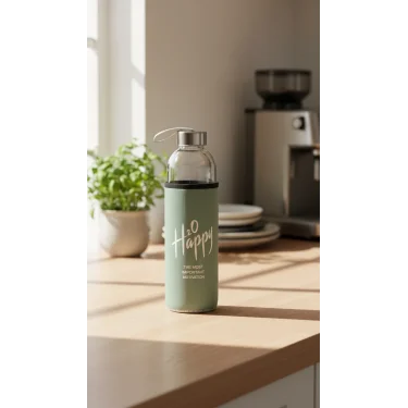 Premium Fıstık Yeşili Kılıflı Cam 1000ml Matara