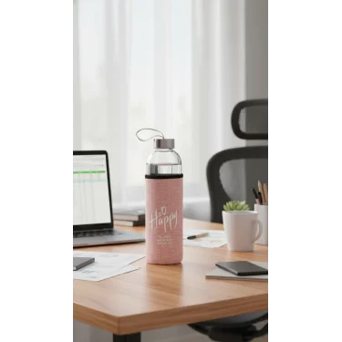 Lüks Şeffaf Kılıflı Cam Matara 500ml – Açık Pembe