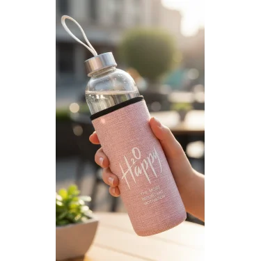 Premium Kılıflı Cam Matara 750 ml – Açık Pembe