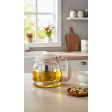 Renkli Süzgeçli Cam Demlik 700 ml -Bej