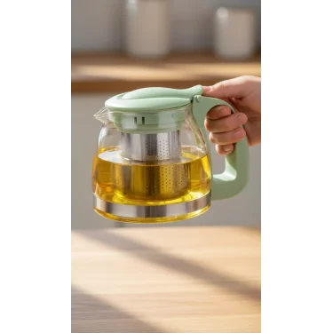 Renkli Süzgeçli Cam Demlik 700 ml - Fıstık Yeşili