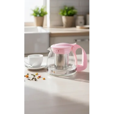 Renkli Süzgeçli Cam Demlik 700 ml - Pembe