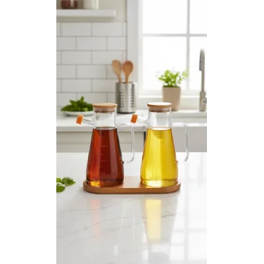 Bambu Kapaklı Vakumlu Borosilikat 3lü Set Cam yağdanlık set Yağlık Sirkelik Bambu Altlık