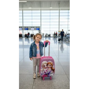 Karakterli Kız Çocuk Pembe Kabin Boy Çekçekli Valiz