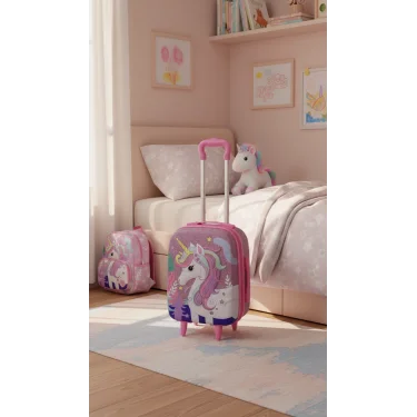 Karakterli Kız Çocuk Pembe Kabin Boy Çekçekli Valiz