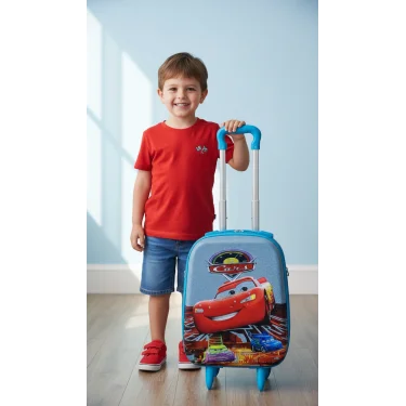 Cars Karakterli Erkek Çocuk Mavi Kabin Boy Çekçekli Valiz