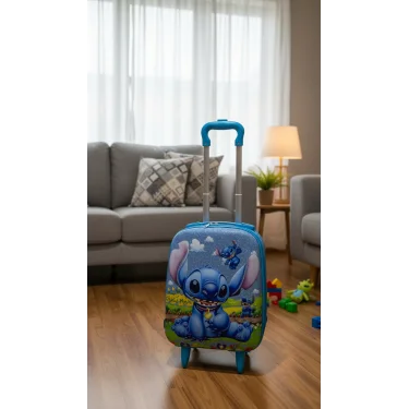 Desenli Parlak Mavi Çocuk Valizi - Erkek ve Kız Çocuk Çekçekli Bavul