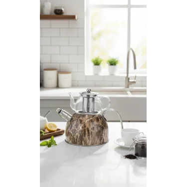 Nisev Mermer Düdüklü Cam Çaydanlık Takımı – Açık Kahve Tasarımı