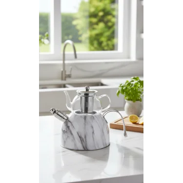 Nisev Mermer Düdüklü Çelik Cam Çaydanlık Takımı Beyaz