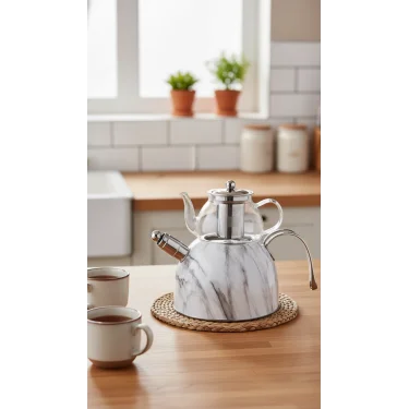 Nisev Mermer Düdüklü Çelik Cam Çaydanlık Takımı – Beyaz, Lüks Çay Deneyimi