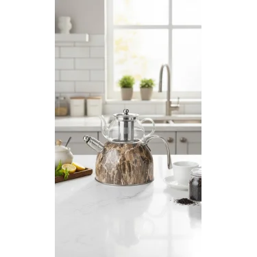 Nisev Lüks Mermer Düdüklü Çelik Cam Çaydanlık Seti – Kahve & Çay İçin Premium Tasarım