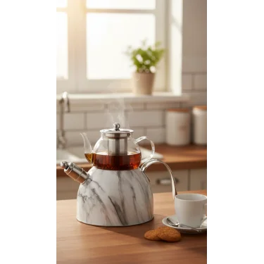 Nisev Beyaz Mermer Desenli Düdüklü Çaydanlık Cam - Paslanmaz Çelik