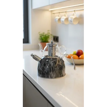 Nisev Mermer Düdüklü Çelik Cam Çaydanlık Takımı – Gri Lüks Şıklık