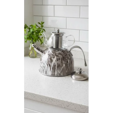 Nisev Lüks Mermer Desenli Cam Düdüklü Çaydanlık – Paslanmaz Çelik