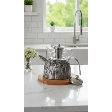 Nisev Premium Mermer Düdüklü Çelik-Cam Çaydanlık Takımı