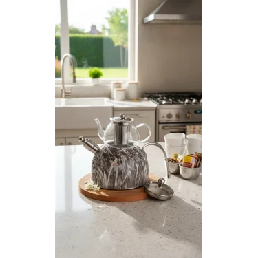 Nisev Mermer Düdüklü Cam Çaydanlık Takımı