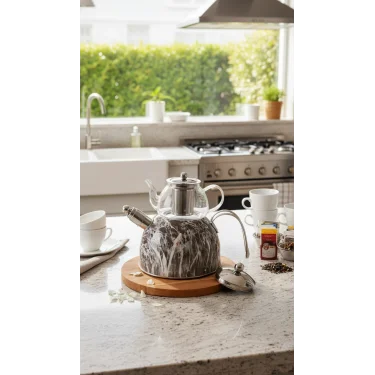 Nisev Pro Mermer Düdüklü Çelik Cam Çaydanlık Takımı – Lüks Açık Gri