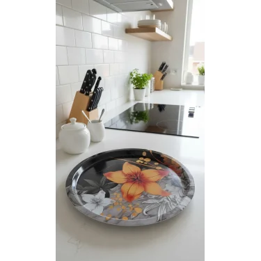 Premium 35 cm Dekoratif Metal Yuvarlak Tepsi – Özel Tasarım