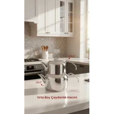 Delux Premium 4 Parça Çaydanlık Seti – Orta Boy Platin