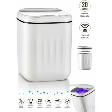 Akıllı Teknolojik Sensörlü Çöp Kovası - Mutfak Banyo Ofis 20 Lt Uv Işık Antibakteriyel Koku Geçirmez
