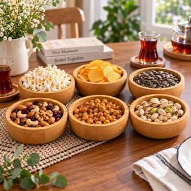 Lüks Bambu Çerez Seti – 6lı Şık Yuvarlak Çerezlik Kase – 8 cm