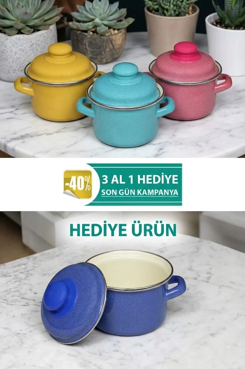 italyan tasarım Emaye Mini Tencere Seti – 12cm 900ml 3-Renk Alana 1 adet-bedava , Lüks ve Çevre Dostu