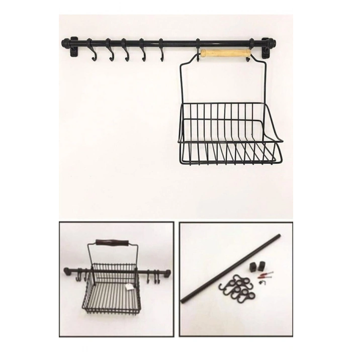 Duvar Rayı Askılık Siyah Askı Mutfak Askısı Sepetli Askılık, Siyah retro sepet ve Askılık,