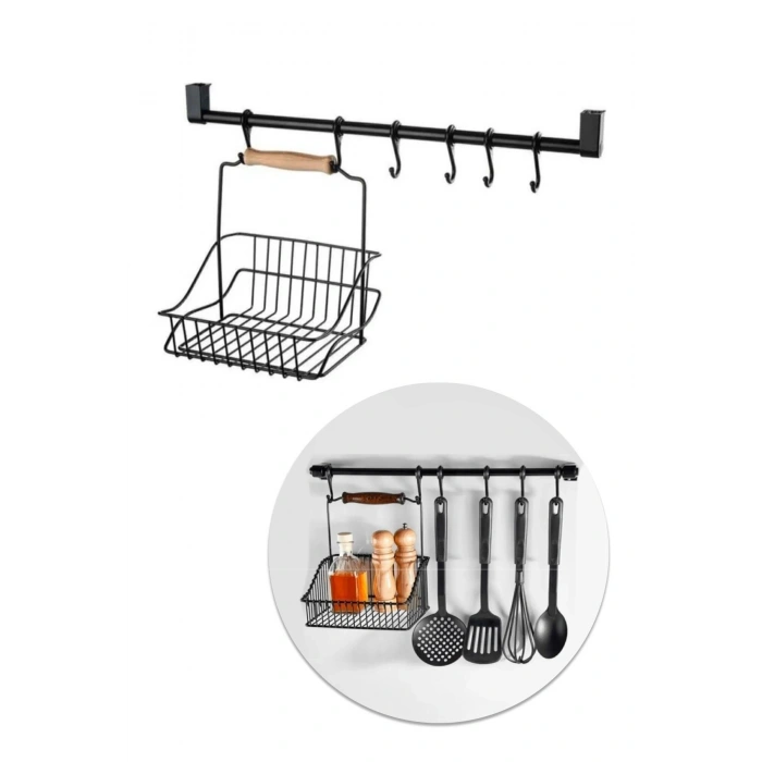 Ferforje Sepet - Duvar Rayı Askılık Mutfak Askısı Sepetli Ahşap Düzenleyici / Siyah