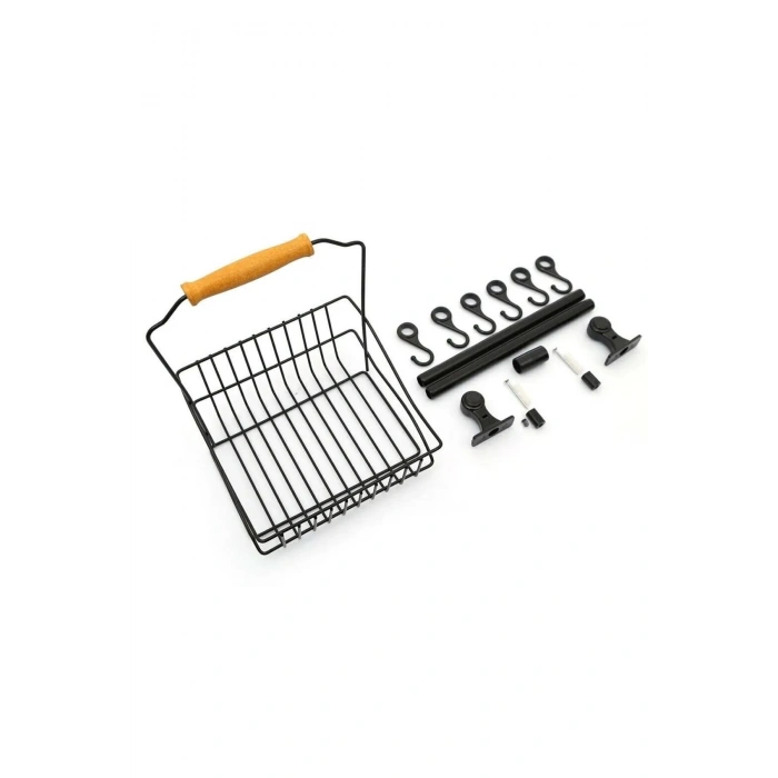 Ferforje Sepet - Duvar Rayı Askılık Mutfak Askısı Sepetli Ahşap Düzenleyici / Siyah