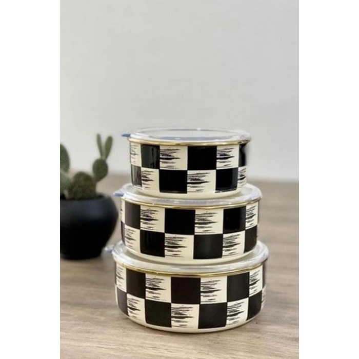 Kitchen Dama Desen Siyah-krem Emaye 3 Lü Saklama Kabı 14/16/18 Cm