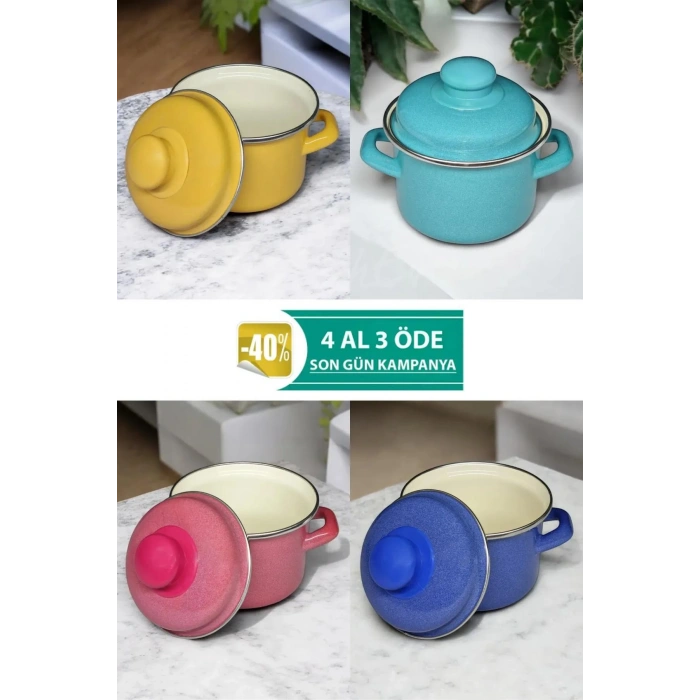 Emaye Mini Derin Tencere Seti 12 Cm 900 ml - 3 Renk Alana 1 Renk Bedava