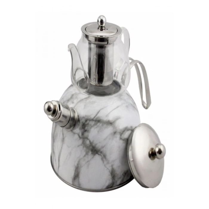 Mermer Düdüklü Çelik Cam Çaydanlık Takımı Beyaz