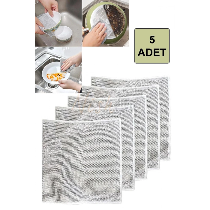 5 Adet Çizilmez Tel Bulaşık Bezi - Zor Kir Bezi, Mutfak Banyo Bezi Çift Katlı Çok Amaçlı Çeli