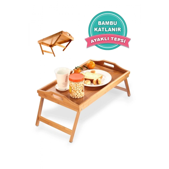 Bambu Katlanır Ayaklı Tepsi Büyük Boy Portatif Kahvaltı Çay Servis Sunum Tepsisi
