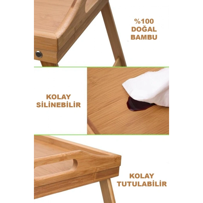 Bambu Katlanır Ayaklı Tepsi Büyük Boy Portatif Kahvaltı Çay Servis Sunum Tepsisi