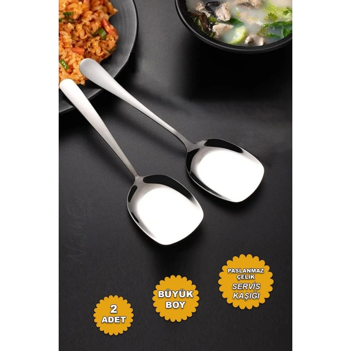 2li Lüks Servis Kaşığı Seti Büyük Boy Paslanmaz Çelik Kaşık Salata Pasta Yemek Servis Mutfak