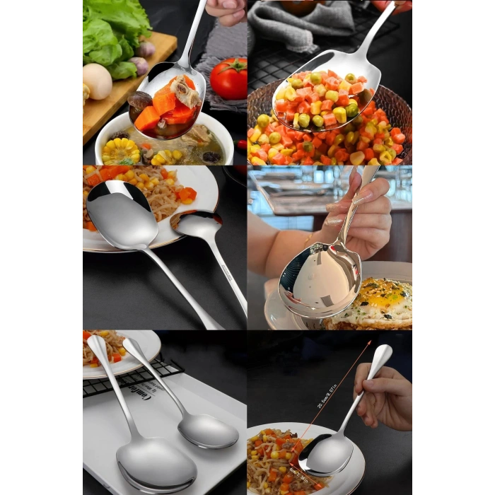 2li Lüks Servis Kaşığı Seti Büyük Boy Paslanmaz Çelik Kaşık Salata Pasta Yemek Servis Mutfak