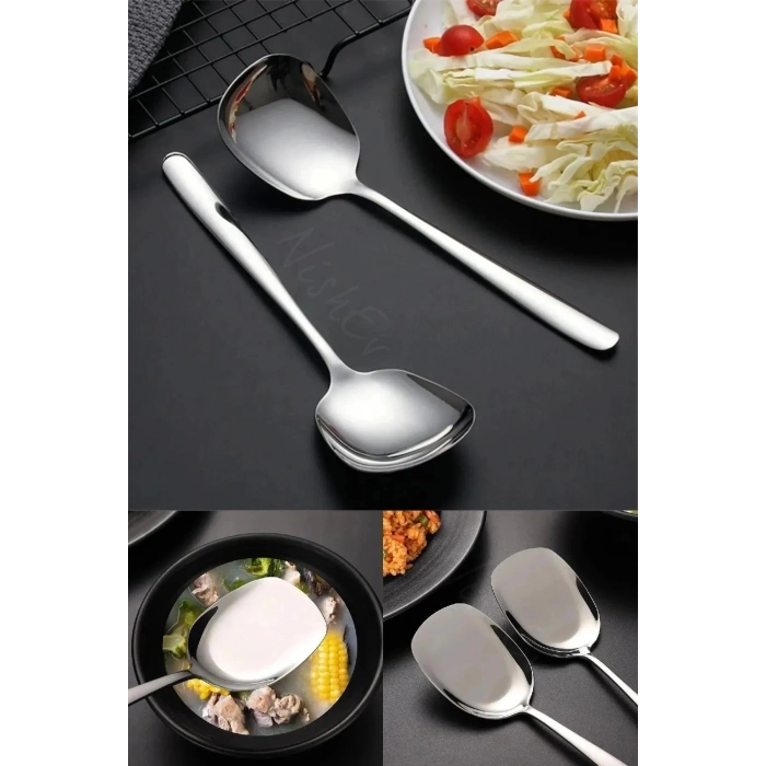 2li Lüks Servis Kaşığı Seti Büyük Boy Paslanmaz Çelik Kaşık Salata Pasta Yemek Servis Mutfak