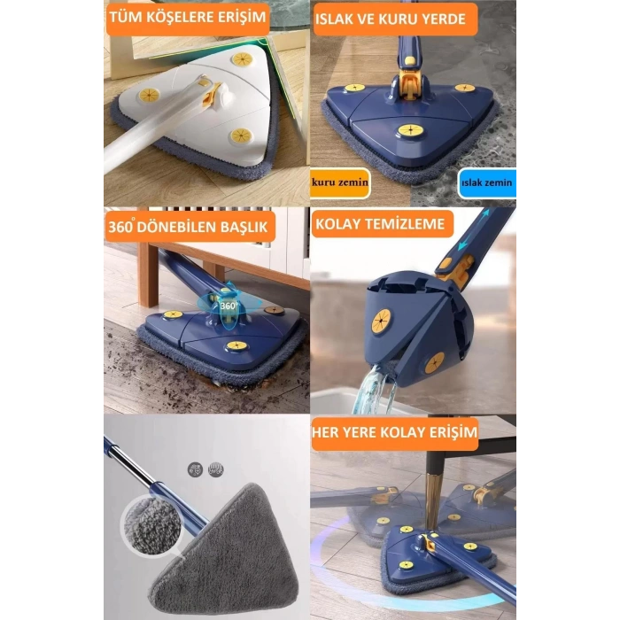Sihirli Teleskobik Hazneli Üçgen Mikrofiber Mop Paspas Islak Kuru Duvar Tavan Fayans Parke Te