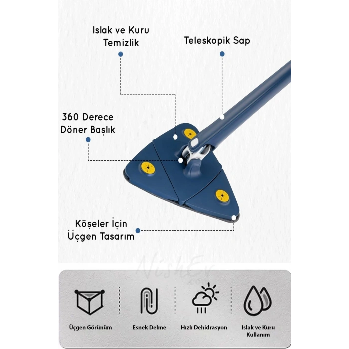 Sihirli Teleskobik Hazneli Üçgen Mikrofiber Mop Paspas Islak Kuru Duvar Tavan Fayans Parke Te