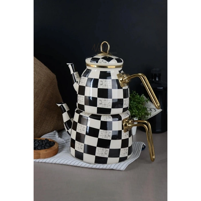 Elite Class Çaydanlık Takımı Dama Desen - Siyah Beyaz Şık Tasarım Çaydanlık Takımı