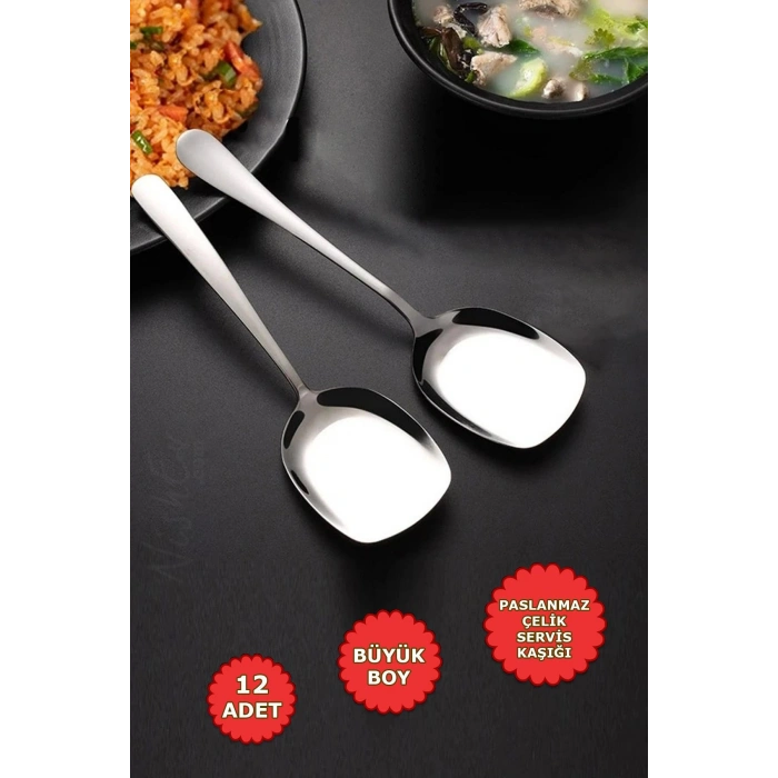 12li Lüks Servis Kaşığı Seti Büyük Boy Paslanmaz Çelik Kaşık Salata Pasta Yemek Servis Mutfa