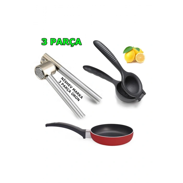 Döküm Paslanmaz Demir Limon Sıkacağı, Koncis Sarımsak Ezici Ve Mini Teflon Tava / 3 Parça