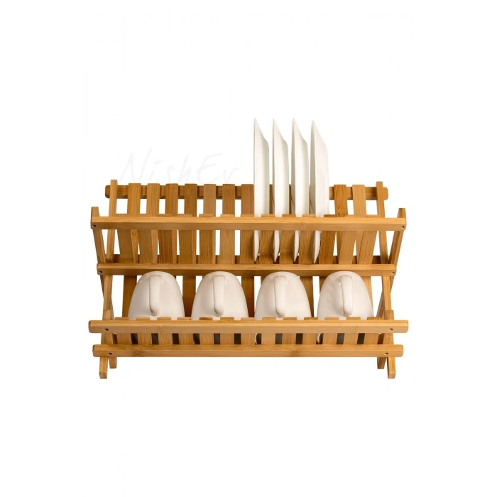 2 Katlı Bambu Katlanabilir Tabaklık Bulaşıklık Büyük Boy Mutfak Bulaşık Kurutma Rafı 47x32 Cm
