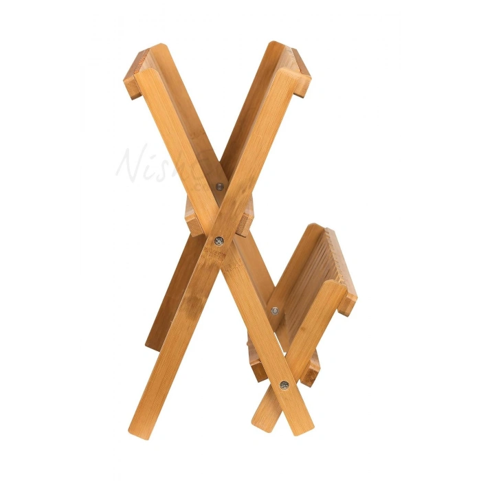2 Katlı Bambu Katlanabilir Tabaklık Bulaşıklık Büyük Boy Mutfak Bulaşık Kurutma Rafı 47x32 Cm