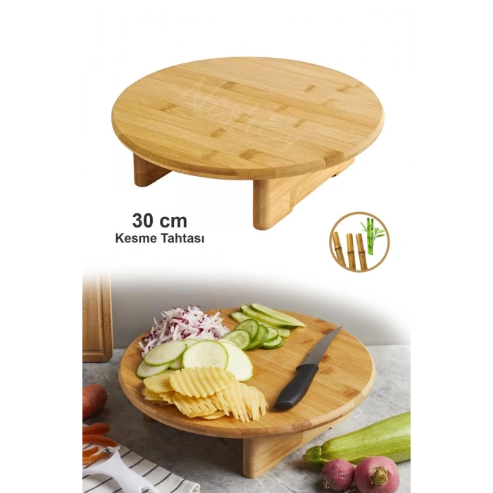 Ayaklı Yuvarlak Kesme Doğrama Tahtası Sunum Tahtası Bambu 30 Cm