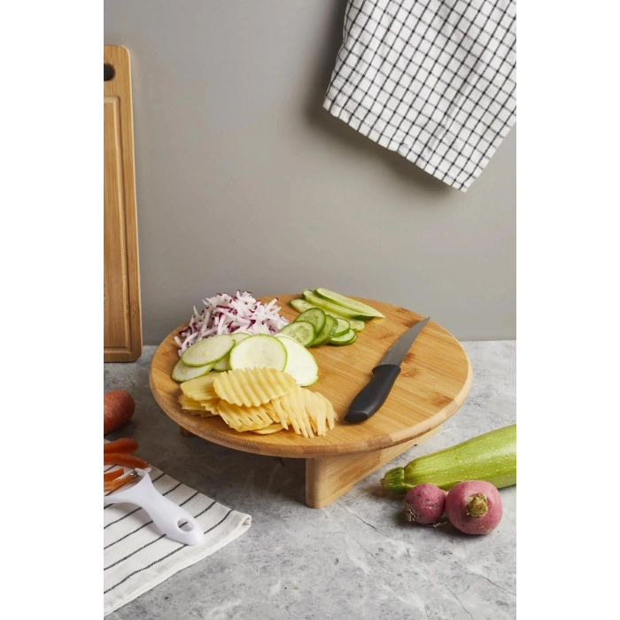 Ayaklı Yuvarlak Kesme Doğrama Tahtası Sunum Tahtası Bambu 30 Cm