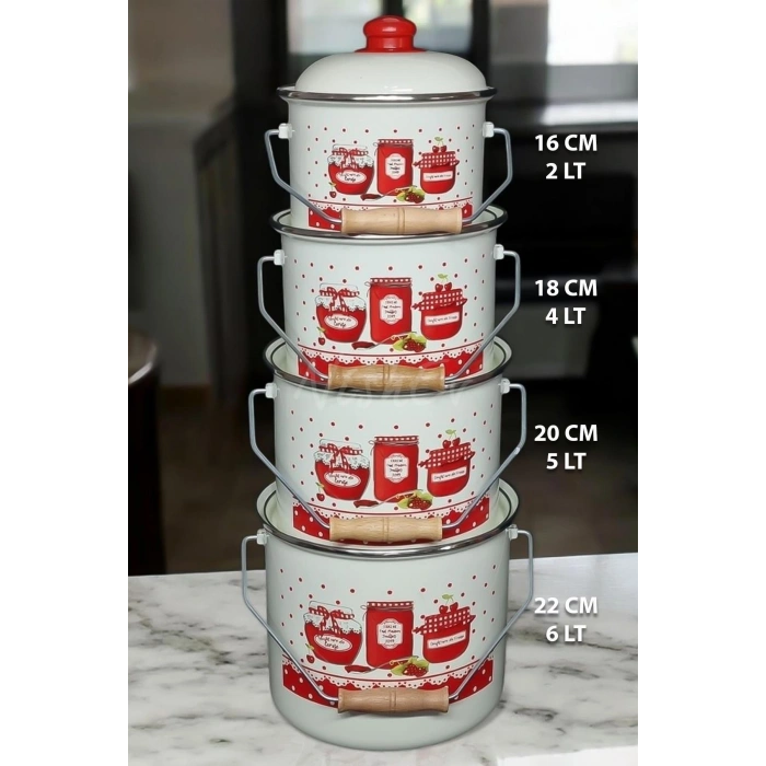 Zarif Italyan Reçel Emaye Yoğurt, Tahıl, Bakliyat Tencere Seti Emaye Bakraç