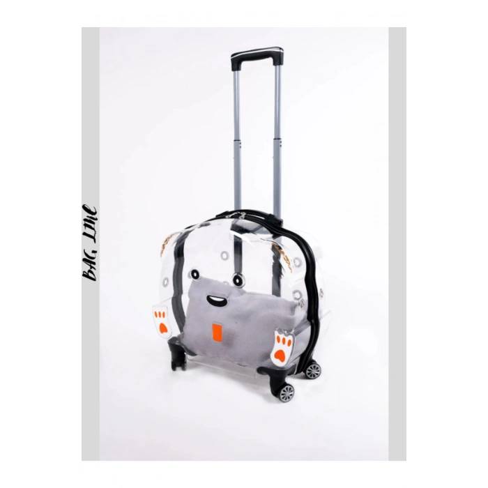 Şeffaf Tekerlekli Kedi Köpek Taşıma Valizi Çekçekli Büyük Model Siyah Kırmızı Minderli